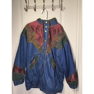 vintage‎ 80s 90s Two-Twenty Women's Long Denim Jacket Patchwork Tapestry Aztec L